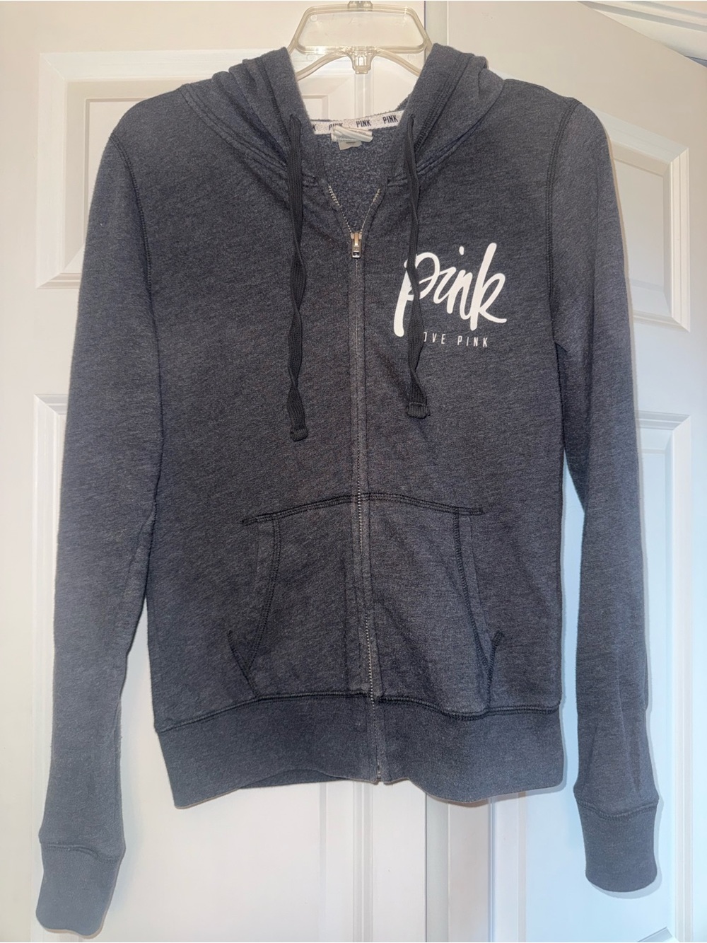 PINK Victoria's Secret Dark Gray Zip-Up Hoodie with White Logo
